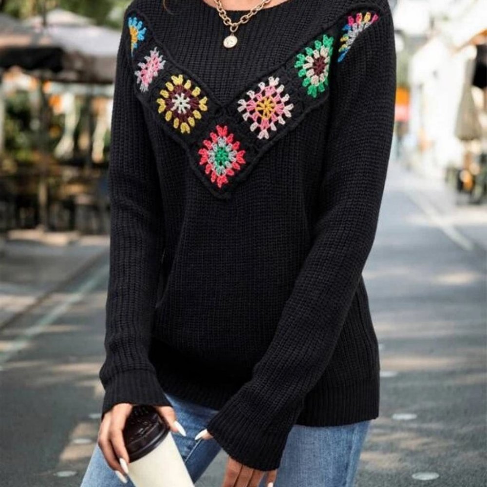 Crochet Floral Detailed round neckline black Ribbed Knit Sweater Top fall winte - Picture 6 of 6